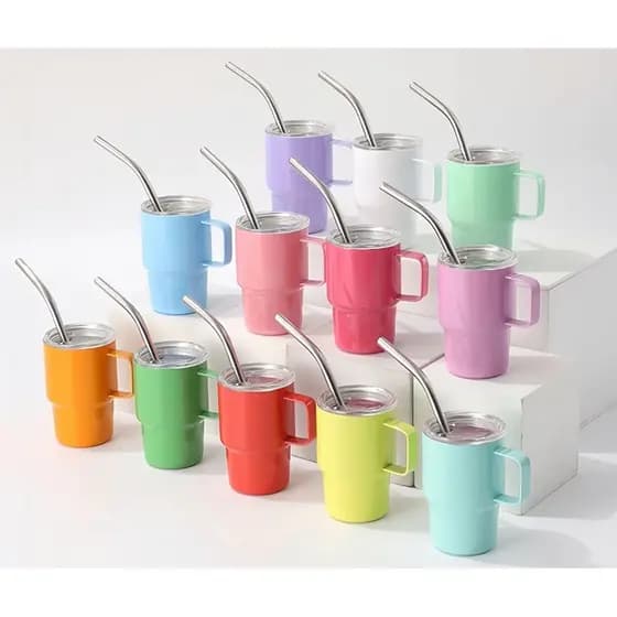 Copo mini 150ml aço inoxidável parede dupla, alça metálica, com canudo