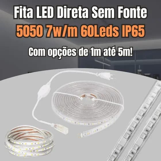 1m a 5m Fita Direta Sem Fonte Blindada IP65 Externa Azul Branco Frio ou Quente 7w 60 leds + Conector