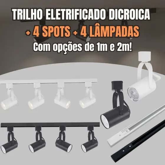 Kit Trilho Eletrificado 4 Spots MR16 Preto ou Branco + Lâmpadas + Emenda Luz Direcionada 4 Spots Ajustáveis