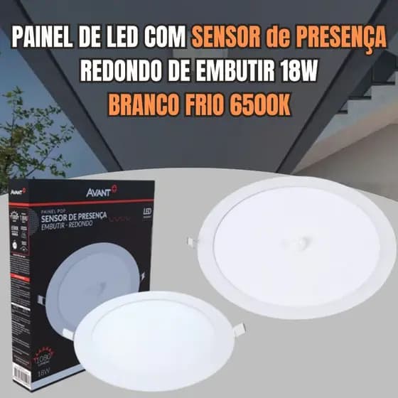 Plafon Painel Embutir Sensor de Presença 18w Redondo Bivolt 65000K Luminária Embutido