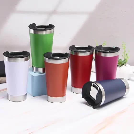 Copo Térmico 473ML Inox para Cerveja com Tampa e Abridor Garrafa Parede Dupla Quente e Gelado