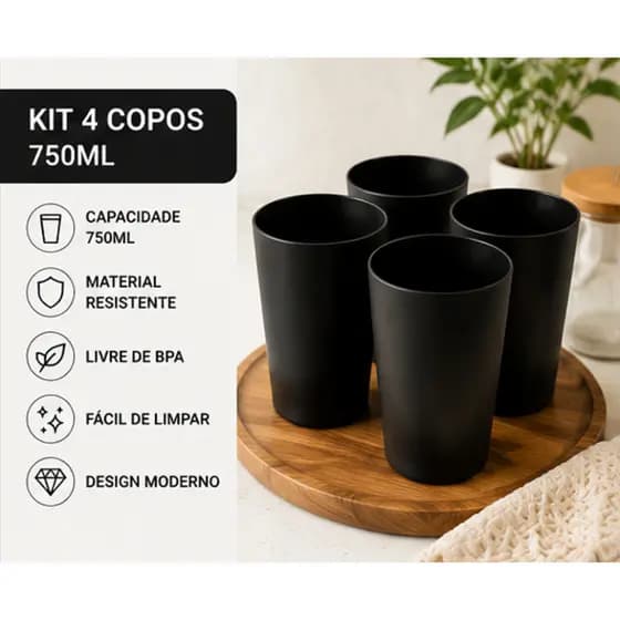 Kit 4 Copos 750ml Sem Borda Plástico Resistente