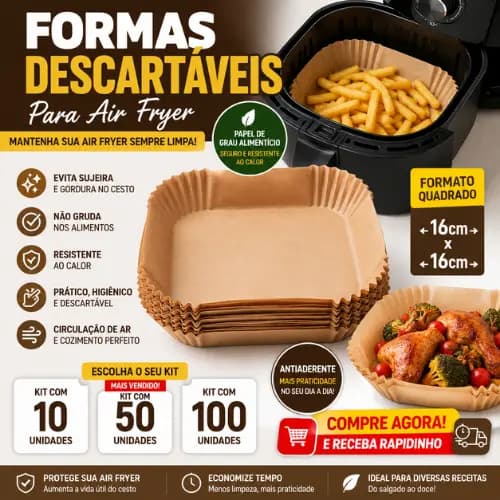 Papel Descartável para Air Fryer Quadrada 16x16cm Antiaderente Forma para Fritadeira Elétrica Kit 10 25 50 Unidades