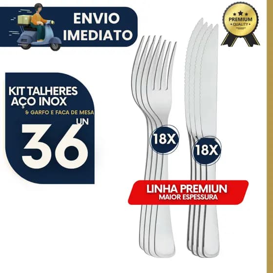 Kit 36 unidades Talheres Aço Inox sendo Garfos Facas Premium Resistente Durável Cozinha Buffet