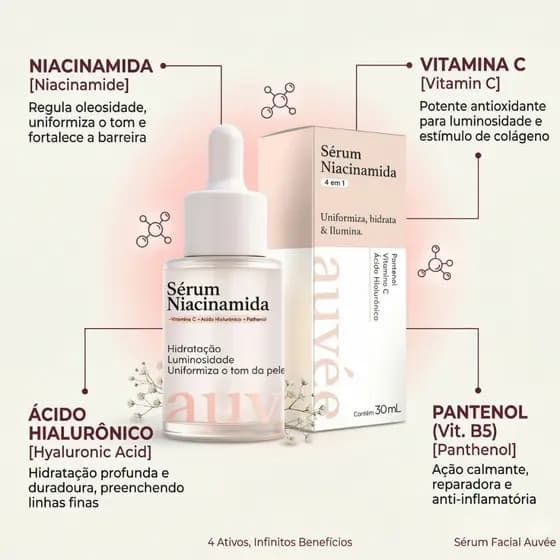 Sérum Facial Hidratante Vitamina C + Niacinamida + Ácido Hialurônico + Pantenol
