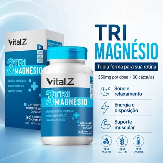 3 Tri Magnésio | Vital Z | 60 Cápsulas | Bisglicinato Malato Citrato | 350mg