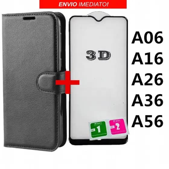 Capa Capinha Carteira Flip + Película de vidro 3D Para Samsung Galaxy A06 / A16 / A26 / A36 / A56