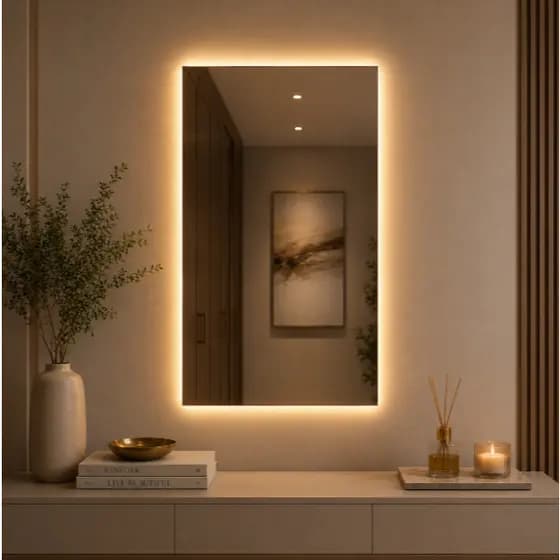 Espelho Decorativo Com Led Quente e Frio Retangular 80X50cm Para Banheiro Sala Quarto Penteadeira