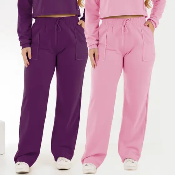 kit 2 Calça De Moletom Wide Peluciada Com Bolsos Inverno