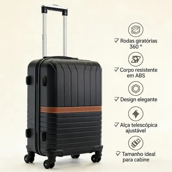 Mala de Viagem 10KG Rígida ABS com Faixa de Couro preto - Rodas 360° | Resistente e Elegante-2401