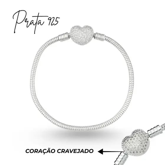 Pulseira Para Berloques Feminina Prata 925 Legítima Charms Pingentes Fecho Coração Cravejado