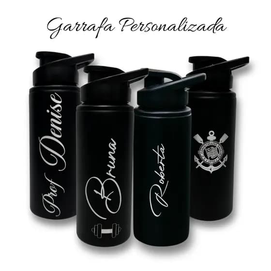 Garrafa Squeeze Personalizada de Alumínio Preta 600ml Academia Nome Logo Brasão I Gravação a Laser