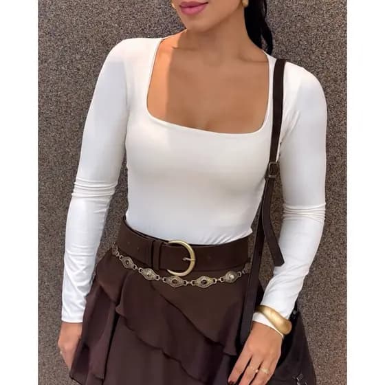 Body Feminino Manga Longa Decote Quadrado Suplex Moda Tendencia Inverno Segunda Pele De Frio Forrado Bory