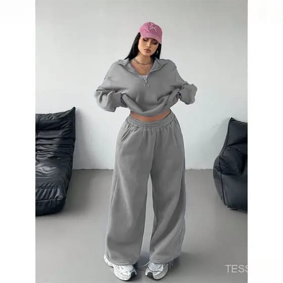 Conjunto de Duas Peças: Moletom Feminino Solto de Cor Sólida com Meio Zíper + Calças Longas