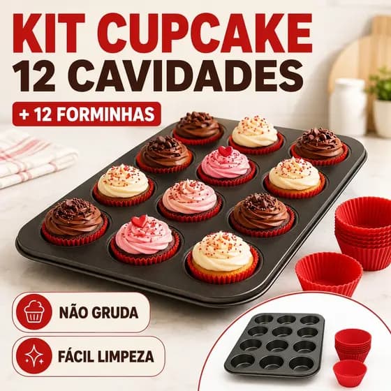 Kit Assadeira Antiaderente + 12 Forminha de Silicone Para Cupcake, Muffin, Pão de Queijo e Bolinhos