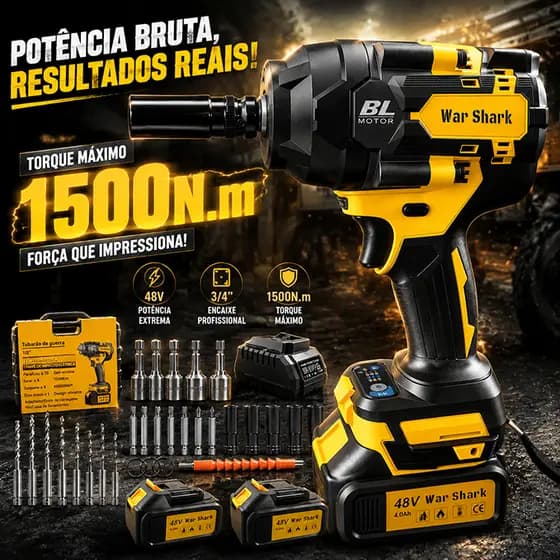 War Shark 1500NM 48V Chave de Impacto Elétrica Profissional 4 em 1 Sem Escovas Kit Completo 2 Baterias