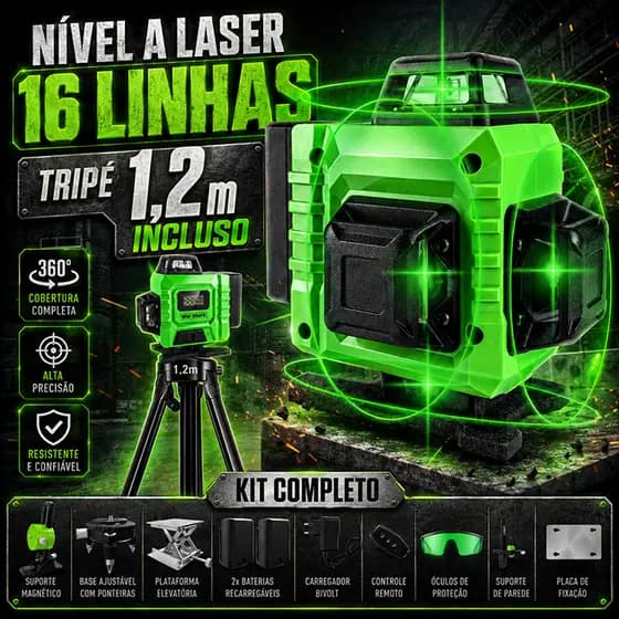 War Shark Nível Laser 16 Linhas Profissional Verde Nível 360° Auto-Nivelante 4D + Tripé 1.2m + 40m + 4000mAh Baterias*2