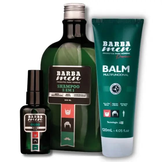 Kit Barba Men Essencial - Óleo 3 em 1 + Balm Multifuncional + Shampoo 2 em 1 Anti Caspa