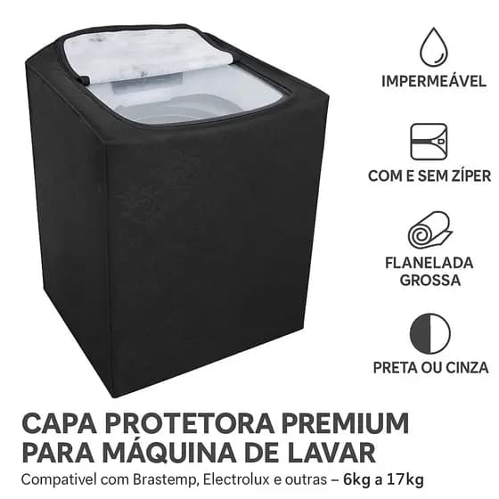Capa para Maquina de Lavar 12kg 13kg 14kg 15kg 16kg 17 kg Preta e Cinza Ziper Brastemp Electrolux