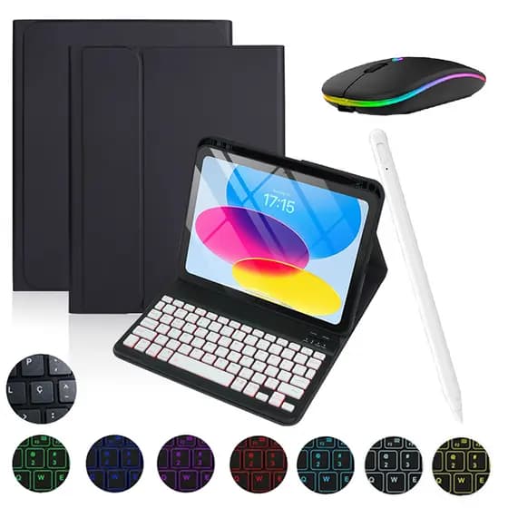 Capa Com ABNT2 Teclado Retroiluminado Destacável + Caneta +Mouse Para iPad 11ª (A16)/10ª(10.9")/9ª/8ª/Air11/Air6/Air5