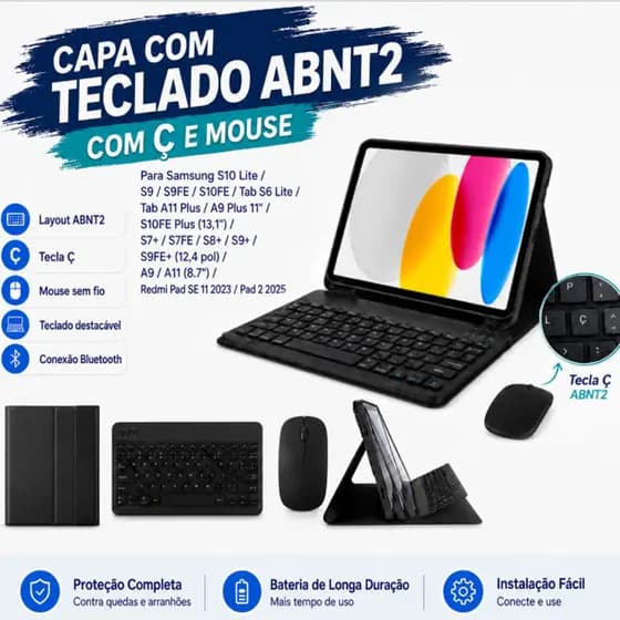 Capa Com Abnt2 Teclado C/ Ç E Mouse Para Samsung S10 Lite/S9FE/S10FE Plus (13,1")/Tab S6 Lite/Tab A11 Plus11"/Redmi Pad