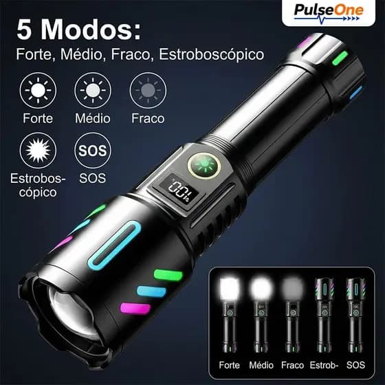Lanterna Display Led À Prova D'água Recarregável Potente C/ 5 Modos Display Digital e Função Power