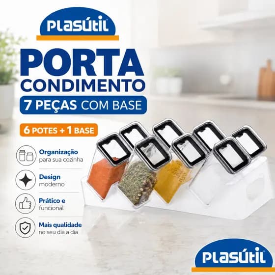 Porta Condimento Pote Organizador Temperos 7 Peças Com Base Plasútil