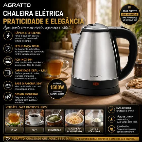 Chaleira Elétrica Inox Agratto 1,8l Aquecimento Rápido - Preto Inox 220V