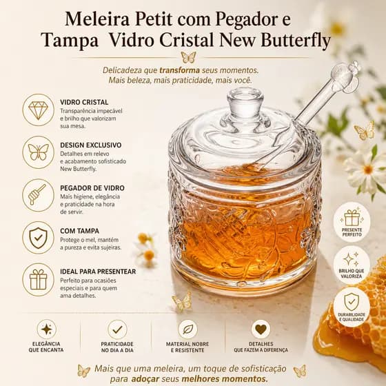 Meleira de Vidro Cristal New Butterfly com Tampa e Pegador – Porta Mel Elegante