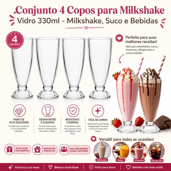 Conjunto 4 Copos para Milkshake Vidro 330ml - Milkshake, Suco e Bebidas