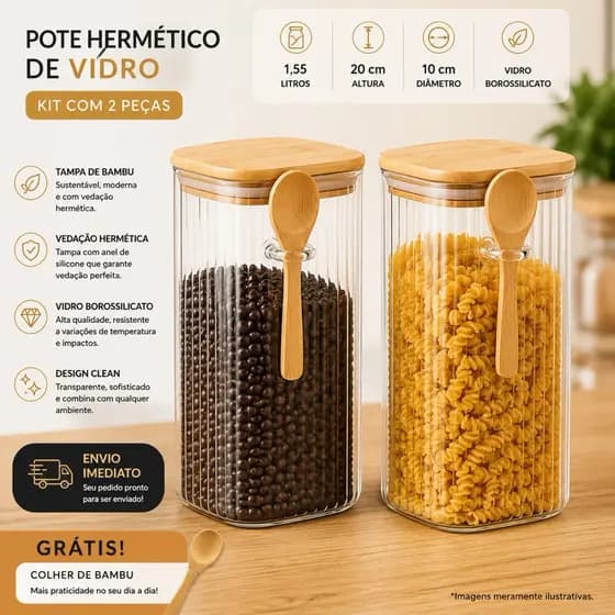 Pote Hermético Vidro 1 ou Kit 2 Potes de Vidro Matimento Canelado com Colher e Tampa 1,55 Lon