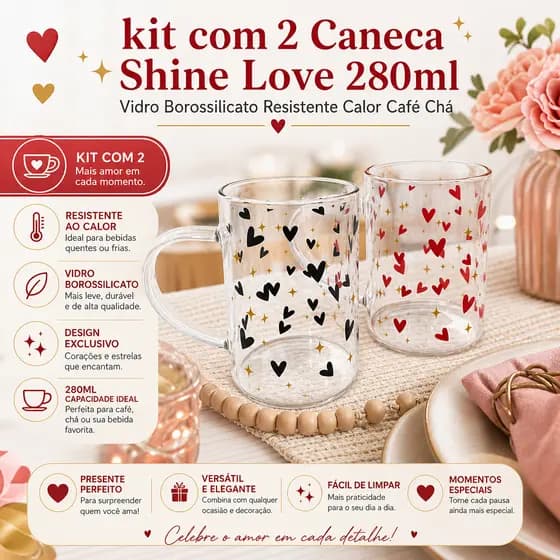 Kit 2 Caneca Shine Love 280ml Vidro Borossilicato Resistente Calor Café Chá