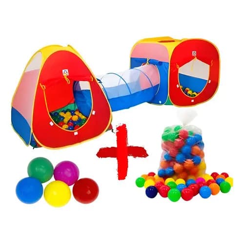 Toca Barraca Infantil Com Tunel 3 Em 1 + 100 Bolinhas Kit Vermelho E Azul