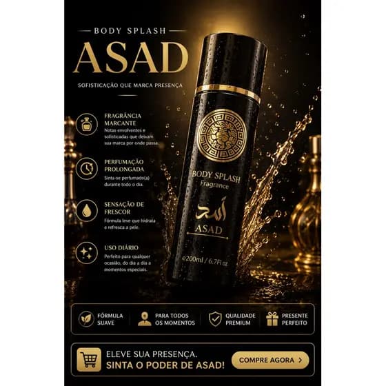 ASAD Perfume Árabe Masculino Body Splash 200ml Elegante e Marcante Fragrância de Alta Qualidade
