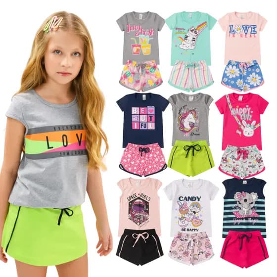 Kit 4 Peças de Conjunto Infantil/Juvenil Verão Menina 1 ao 16 Camiseta + Shorts Estampados