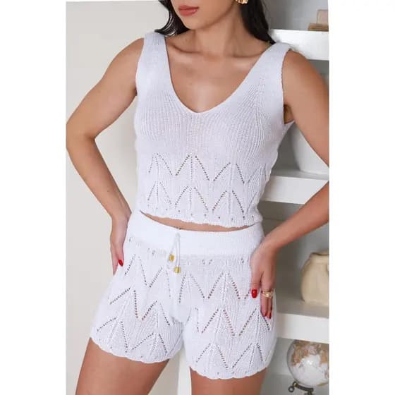 Conjunto Saida De Praia Short + Cropped Tricot - Tendencia Verão 2026 - Tricô Moda Praia Crochê