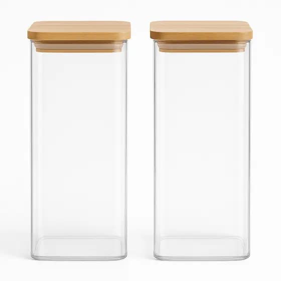 Kit 2 Potes Herméticos De Vidro Quadrado 1350ml Porta Alimentos Mantimentos Tampa Bambu Hermético Grande