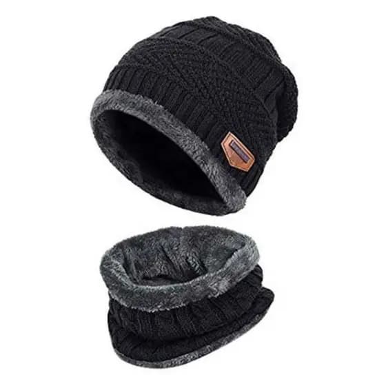 Kit Touca + Protetor de Pescoço Preto Inverno Forrada Aquecido Quentinho Cachecol Boca Lã Balaclava