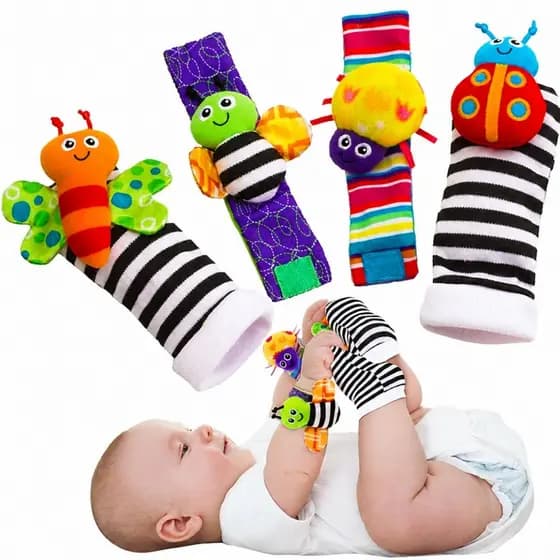 Kit Meias e Pulseiras Sensorial Bebê 4 Peças Chocalho Educativo Estimulação Motora Visual Auditiva Montessori Infantil