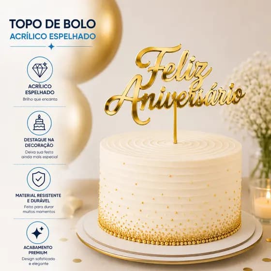 Topo Topper de Bolo Feliz Aniversário Acrílico Espelhado Dourado Cake Topper Decoração Festa Presente