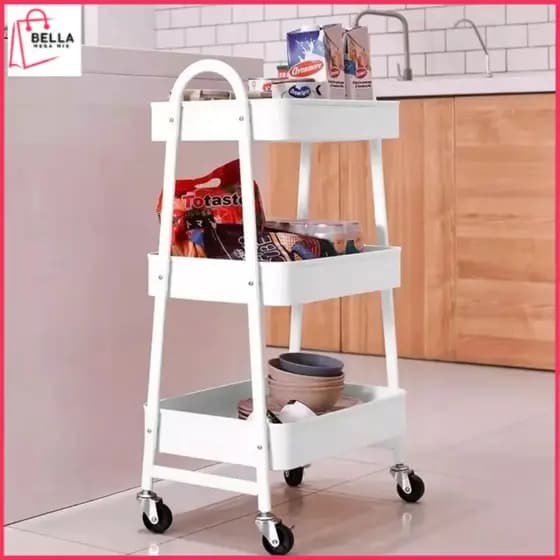 Prateleira Organizadora de Metal Multiuso 3 Andares Móvel com Rodinhas – 77cm Branco