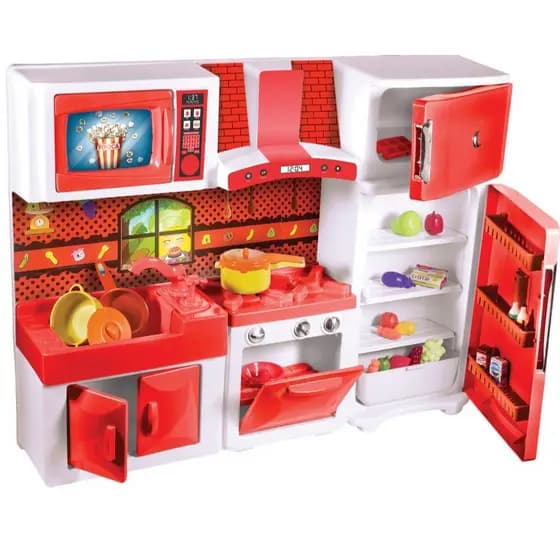 Cozinha de Brinquedo com Geladeira Armário Fogão e Coifa - Vermelha Lindo Presente.