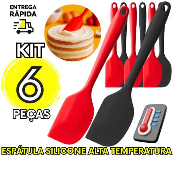 Kit 6 Espatula Pao Duro de Silicone Alta Temperatura Utensilio Cozinha Confeitaria Profissional