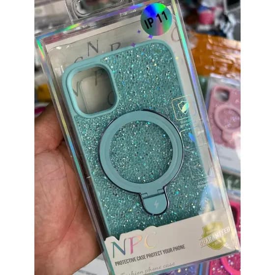 Capinha com Pedras Cristalizadas / Suporte dobrável IPhone 11 12 13 14 15 16 Pro Max