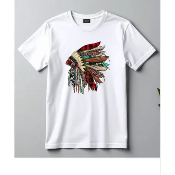 Camiseta Branca Estampa Cocar Tribal – Estilo Étnico & Cultural.