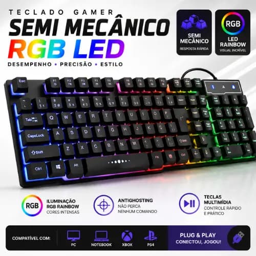 Teclado Gamer Semi Mecânico RGB LED USB Antighosting Multimídia PC Notebook Xbox PS4 Gamer Iluminado ABNT2 RGB LED