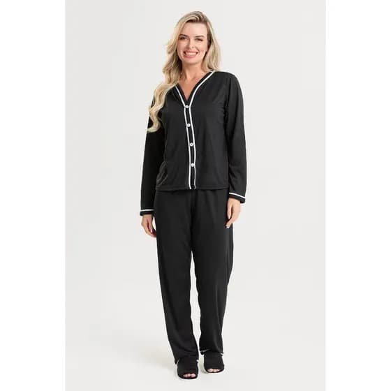 Pijama Longo Americano de Botão Feminino Adulto - Roupa de Dormir Inverno