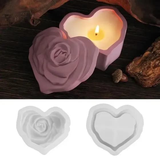 Feito À Mão Criativo DIY Forma De Coração Rosa Caixa De Armazenamento Molde De Silicone Com Tampa Esculpido Vela Jar Con