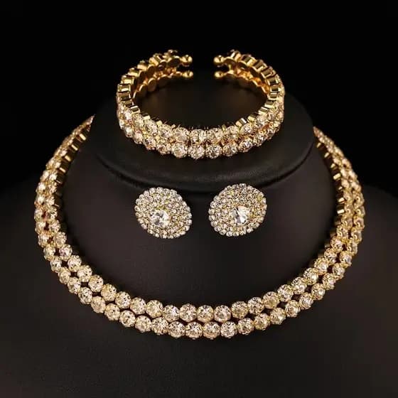 Moda ouro cheio de diamante dupla drenagem colar de diamante conjunto de três peças colar de casamento nupcial brincos p