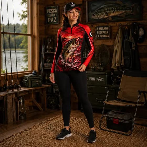 Camiseta Manga Longa Feminina Pesca Esportes Nauticos e Bolsa saco esportiva